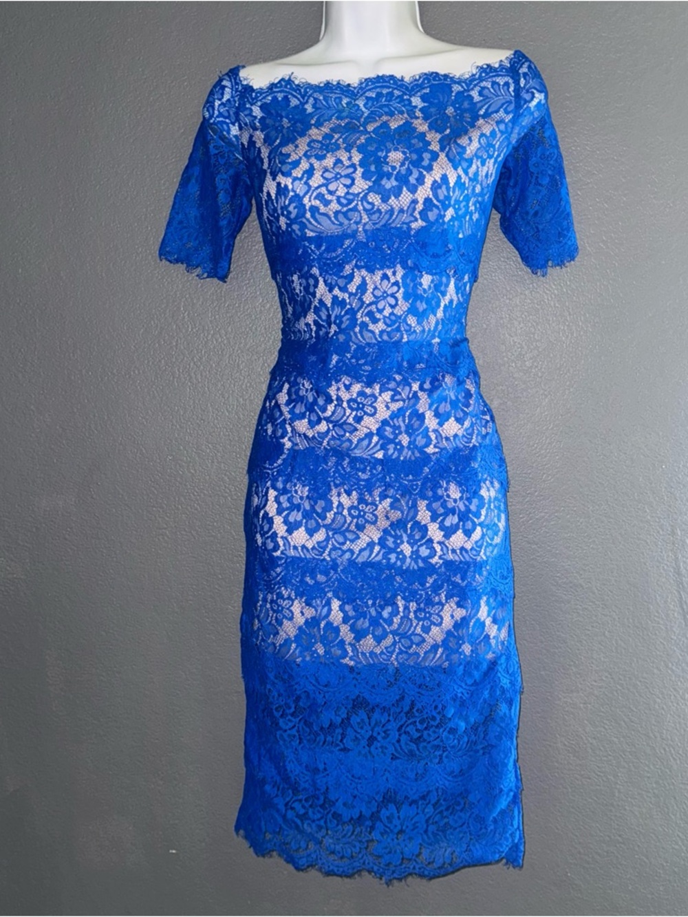 Wow Couture Women’s Navy Blue Off the Shoulder Lace Floral Dress Small